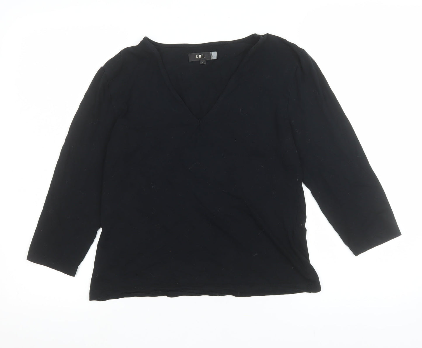 C.M.T. Women’s Black V-Neck 3/4 Sleeve Stretch Blouse Size L
