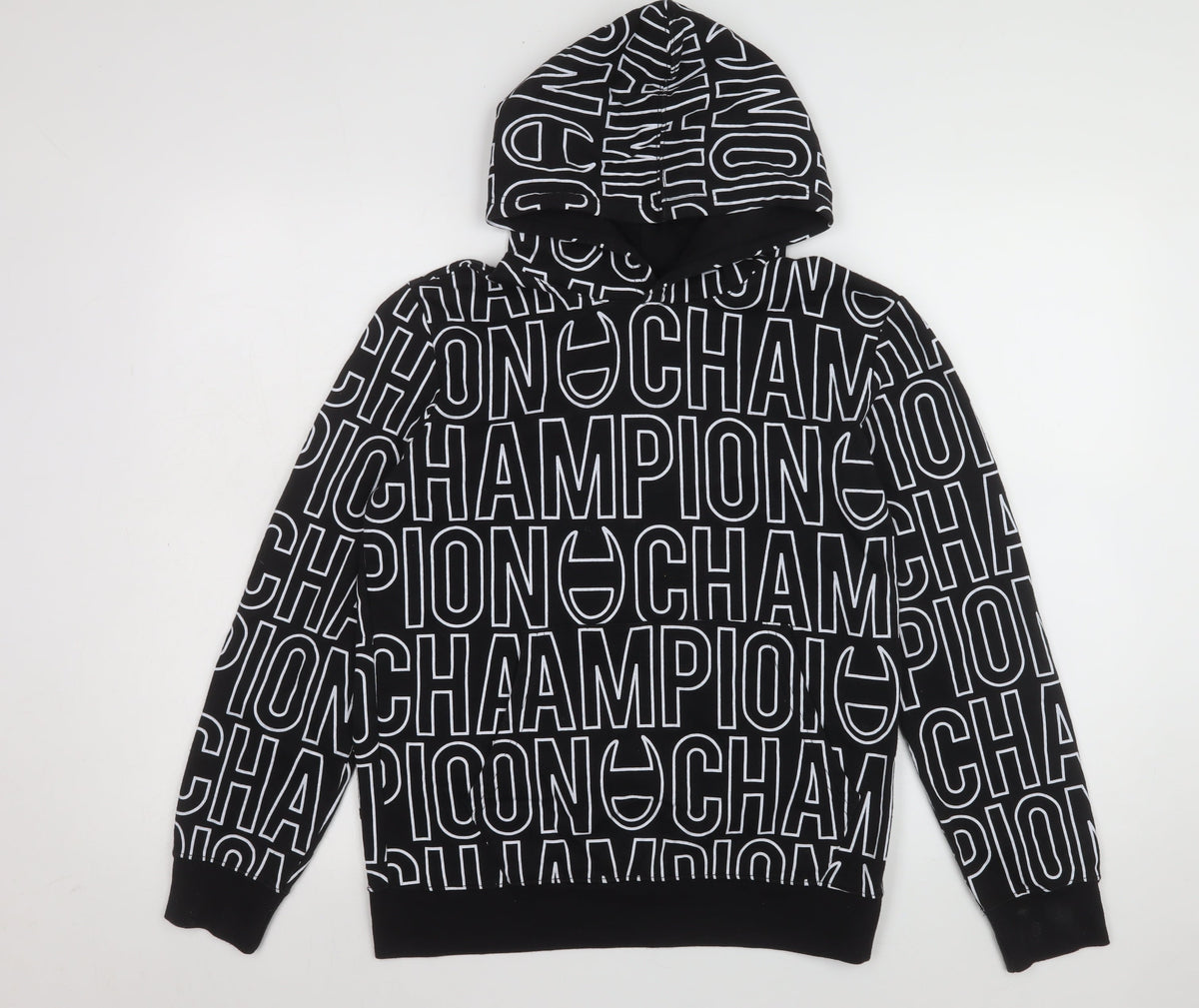 Additional front view of Champion boys’ black logo print pullover hoodie 13-14 years