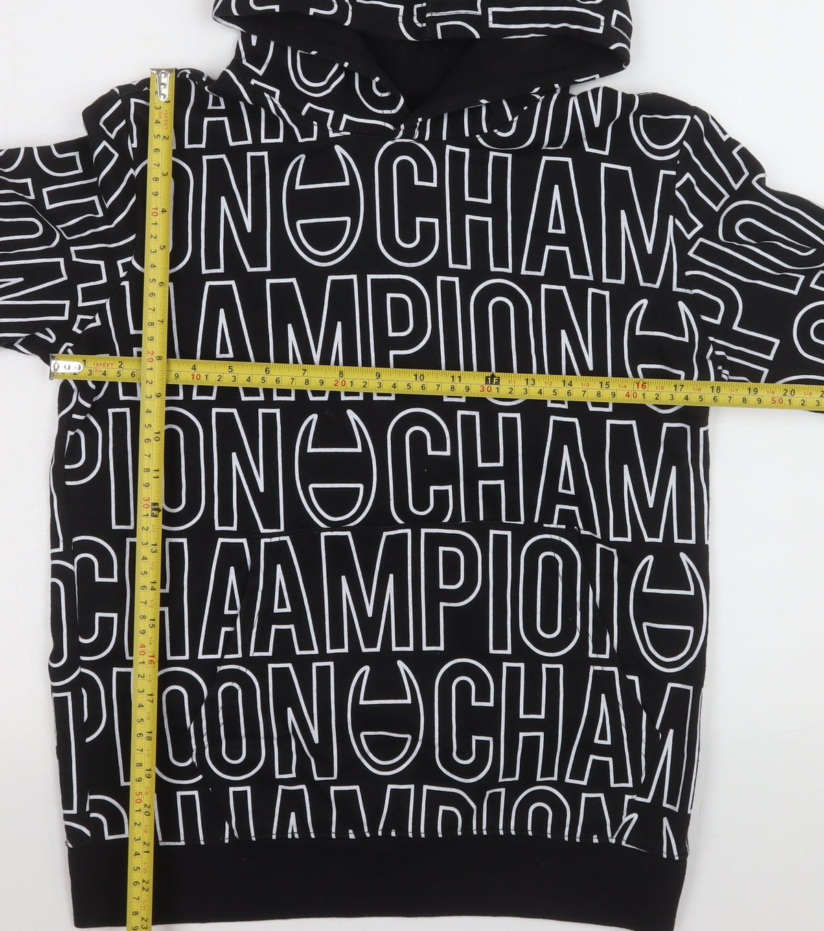 Back view of Champion boys’ black logo print pullover hoodie 13-14 years