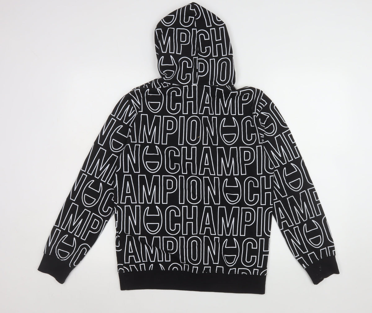 Close-up detail of Champion boys’ black logo print pullover hoodie 13-14 years
