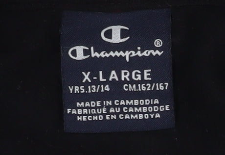 Brand and care label for Champion boys’ black logo print pullover hoodie 13-14 years