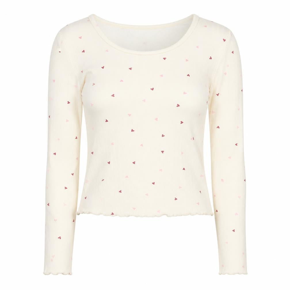 Marks and Spencer Women Ivory Heart Print Long Sleeve Pyjama Top S