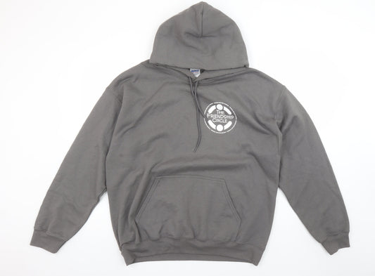 Gildan Men’s Grey Pullover Hoodie Size L Graphic Logo Heavyweight Sweatshirt