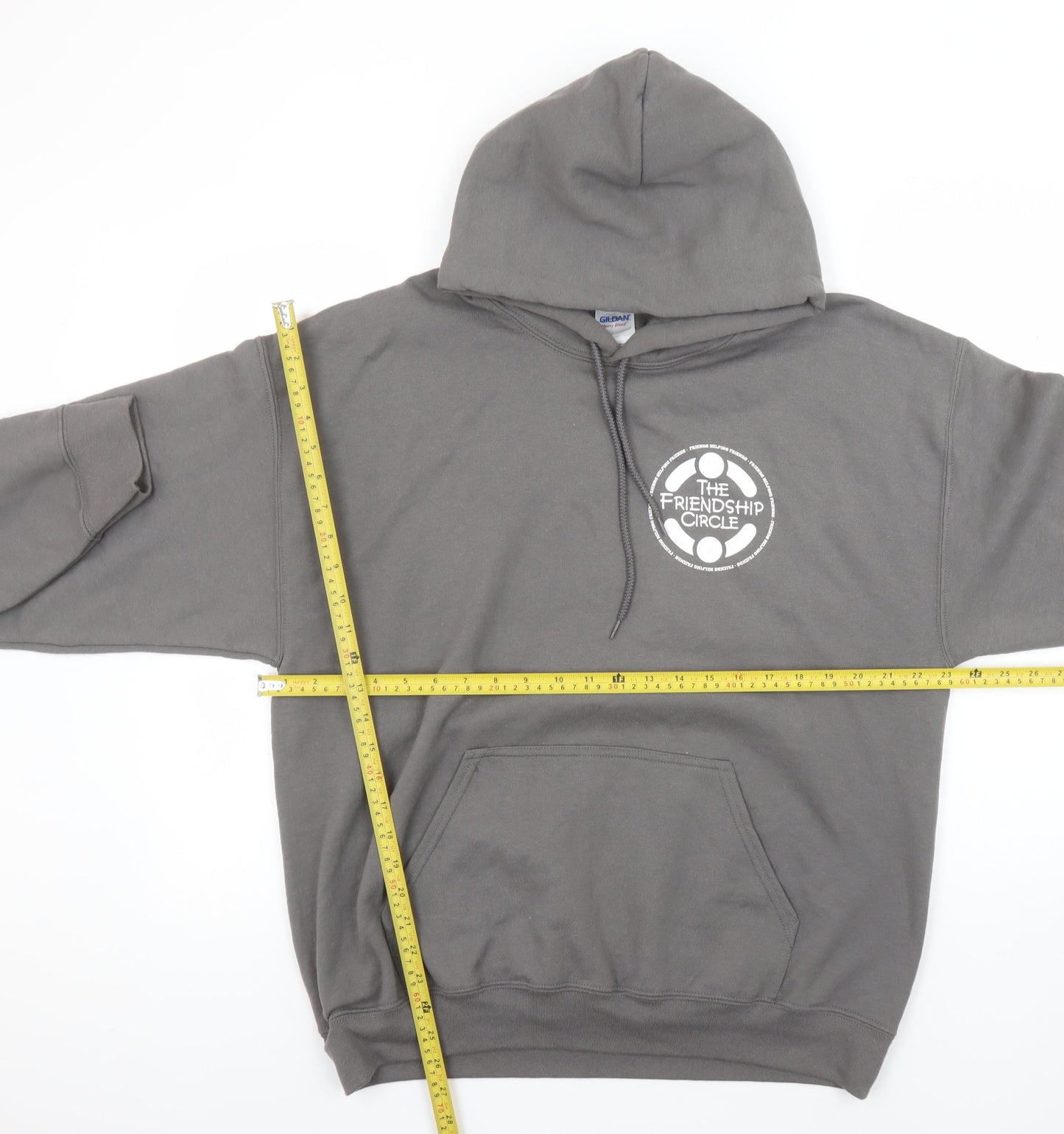 Gildan Men’s Grey Pullover Hoodie Size L Graphic Logo Heavyweight Sweatshirt