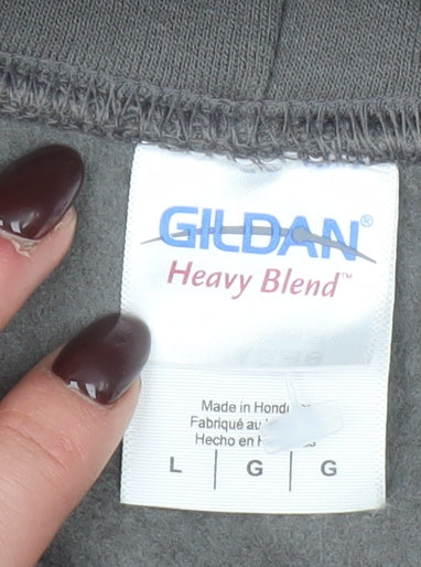 Gildan Men’s Grey Pullover Hoodie Size L Graphic Logo Heavyweight Sweatshirt