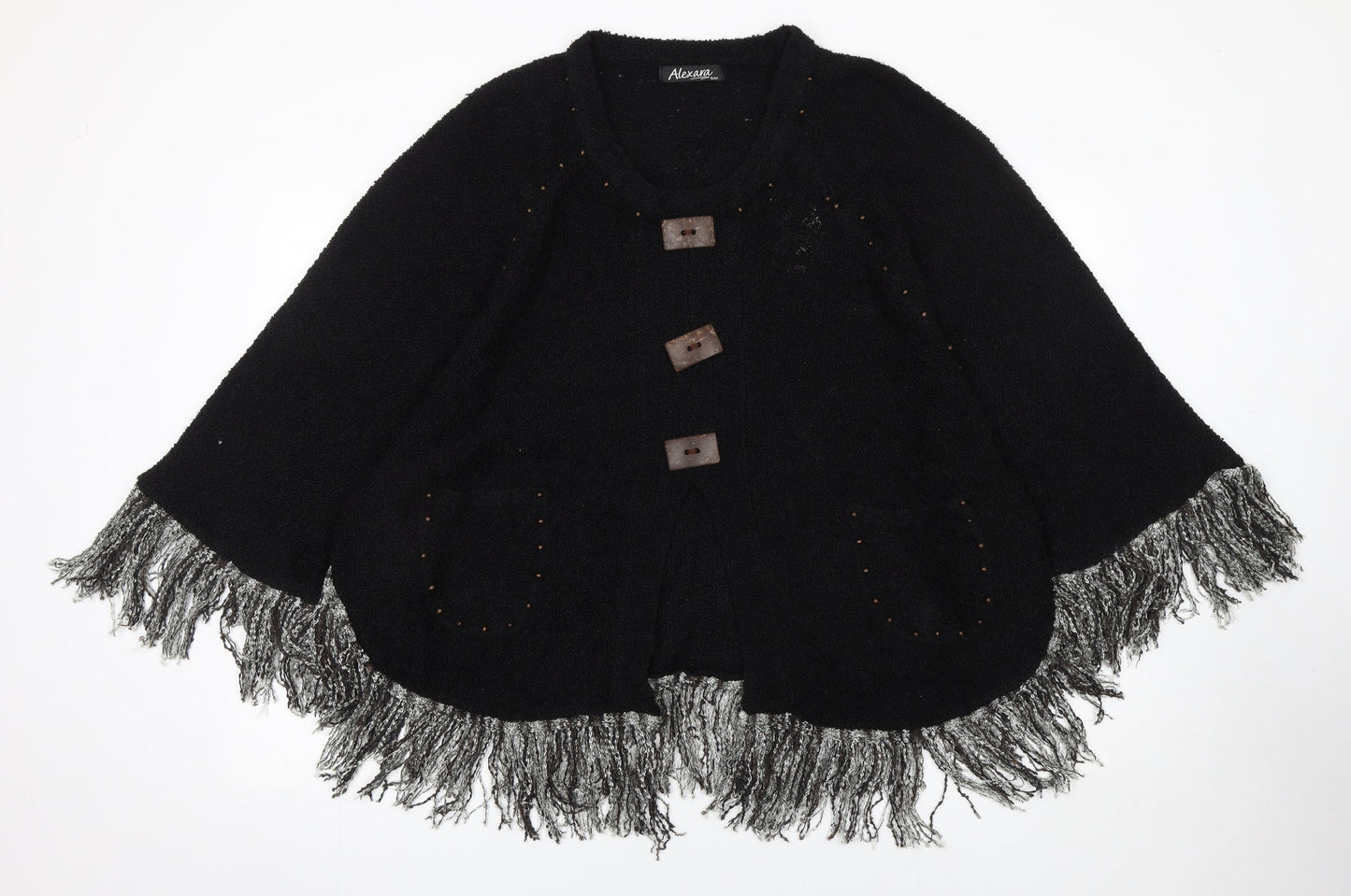 Alexara Women's Black Beaded Fringe Cape Jumper S/M