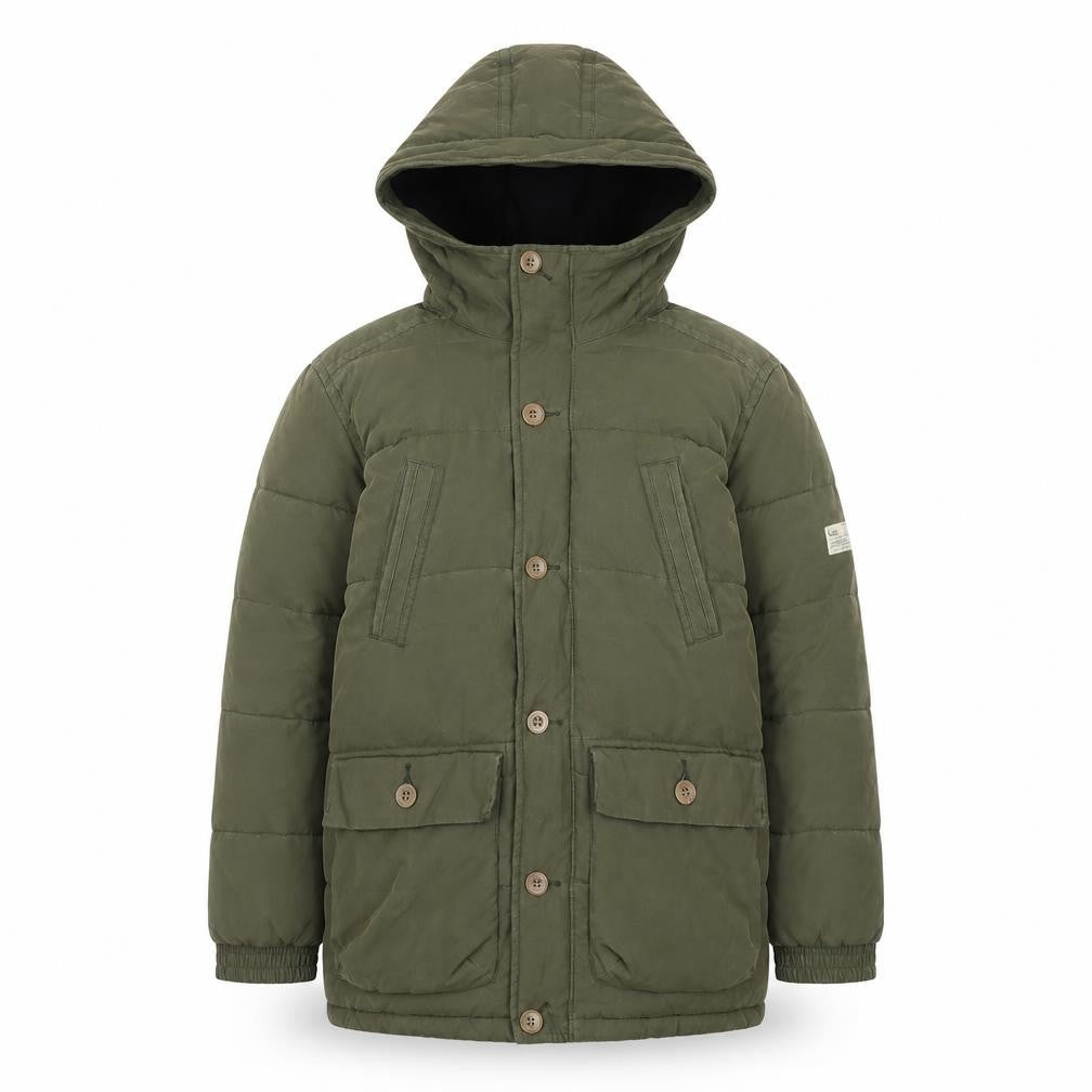 Front view of Gap Kids boys’ green hooded puffer jacket 12-13 years winter coat