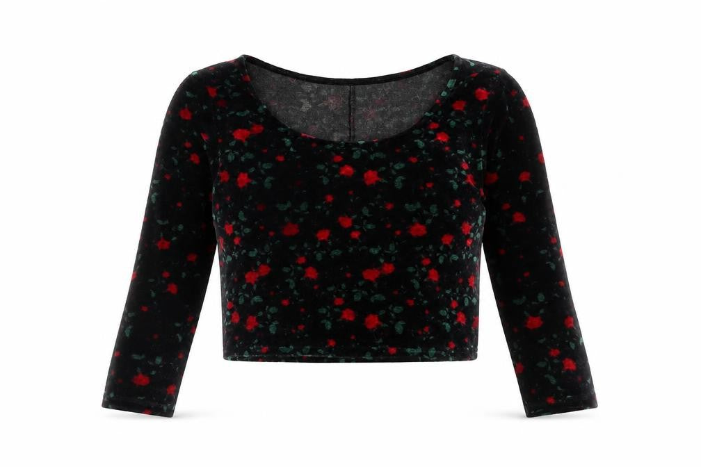 Staring at Stars Women's Black Floral Velvet Cropped Blouse Size M