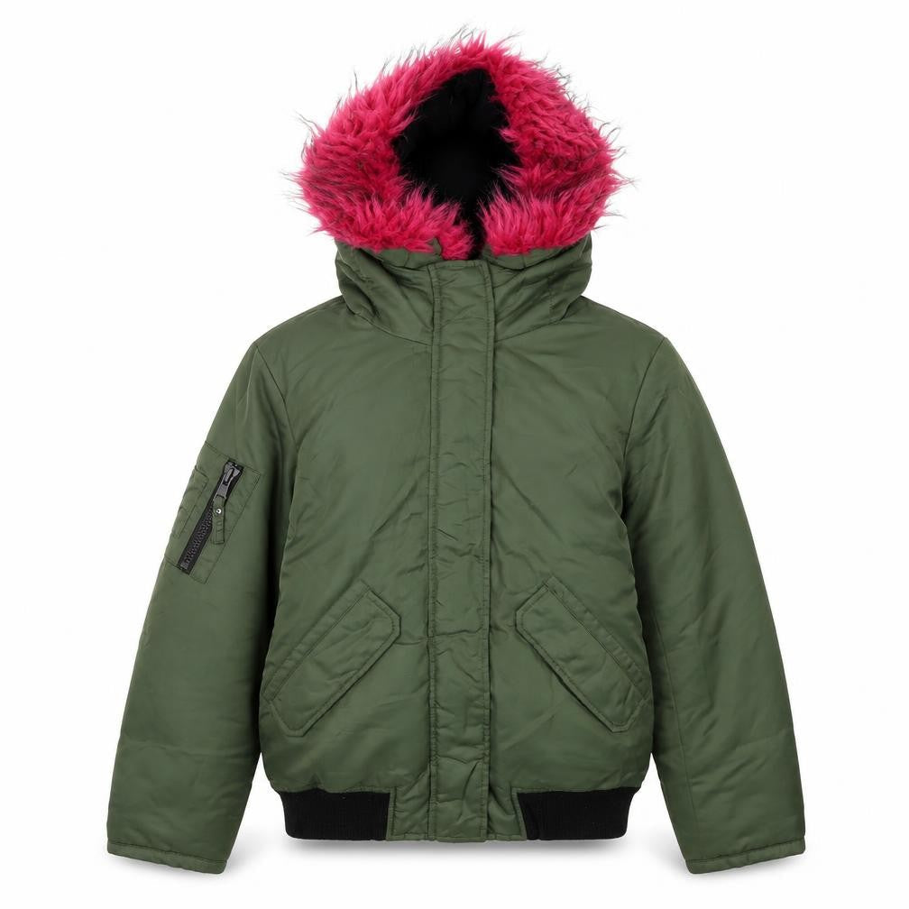 Front view of S13 New York girls’ green hooded bomber jacket faux fur trim, size 12, years