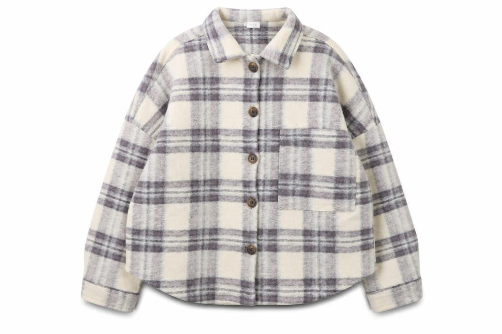 Front view of Next girls’ beige checked fringe shirt jacket 10 years polyester autumn winter