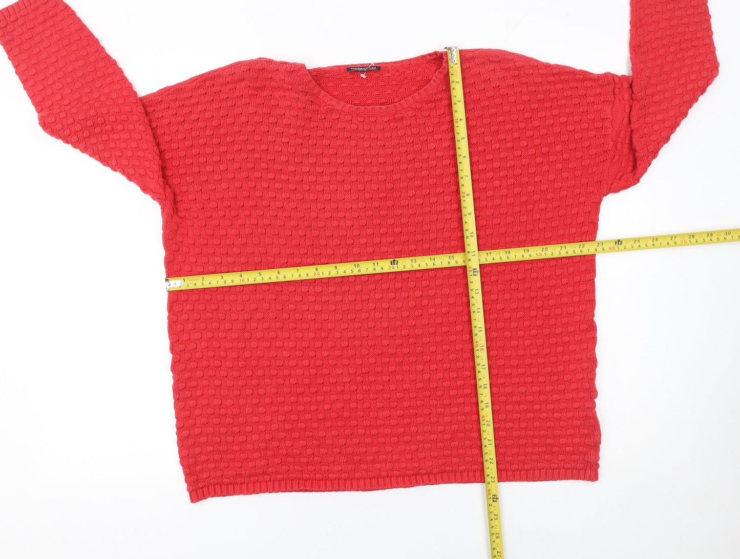 Warehouse Womens Red Cotton Waffle Knit Jumper Size 14