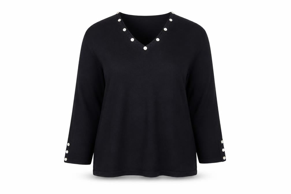 Viz-A-Viz Women Black Size 16 V-Neck Long Sleeve Jumper with Button Accents