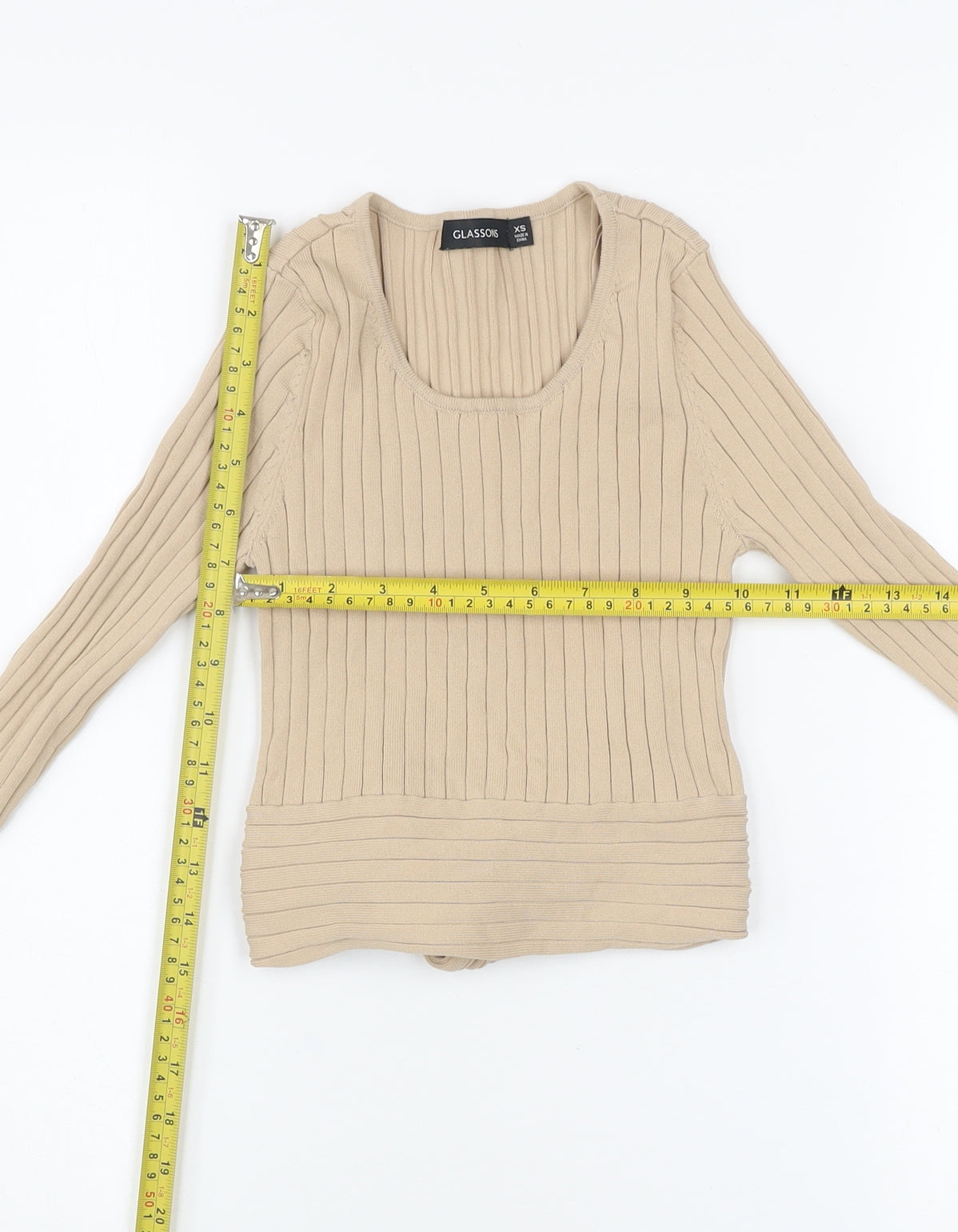 Glassons Women’s Beige Ribbed Knit Long Sleeve Cropped Tie Blouse XS