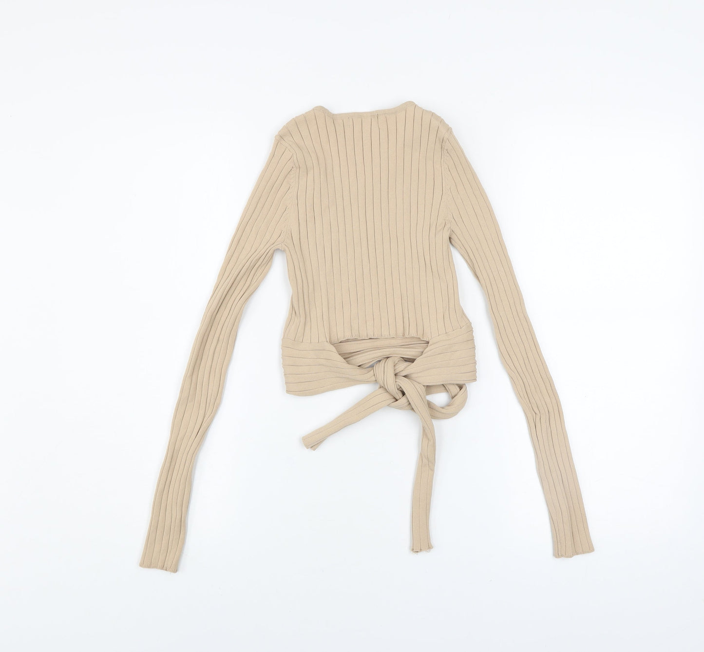 Glassons Women’s Beige Ribbed Knit Long Sleeve Cropped Tie Blouse XS
