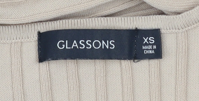 Glassons Women’s Beige Ribbed Knit Long Sleeve Cropped Tie Blouse XS