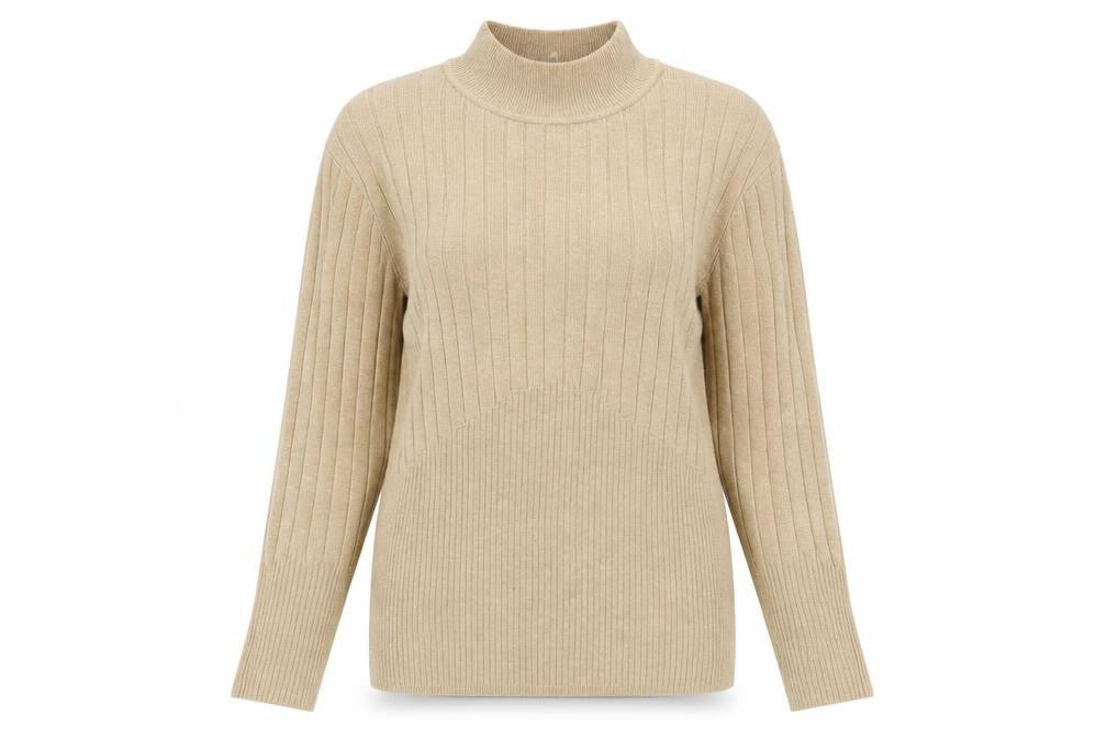 Marks and Spencer Women Beige Ribbed Mock Neck Long Sleeve Jumper Size 14