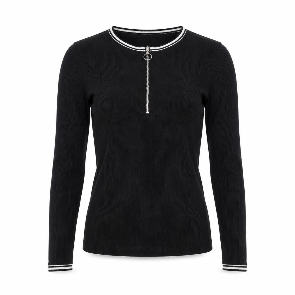 DENIMLAB Womens Black Long Sleeve Zip Neck Basic Top Size S