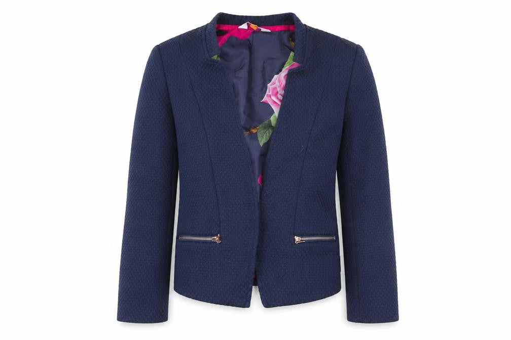 Front view of Baker by Ted Baker girls’ blue textured blazer jacket, size 5, years