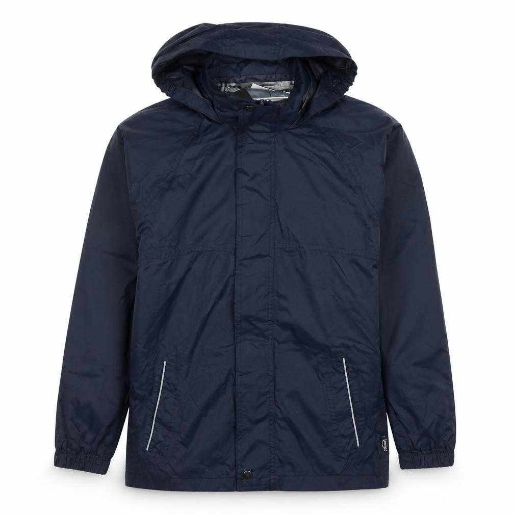 Front view of Regatta boys’ blue waterproof hooded rain jacket, size 164