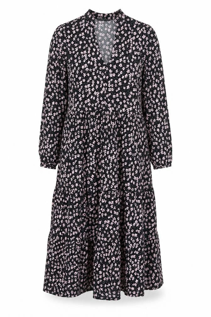 Front view of Dunnes Women’s Black Floral A-Line Ruched Knee Length Dress XS