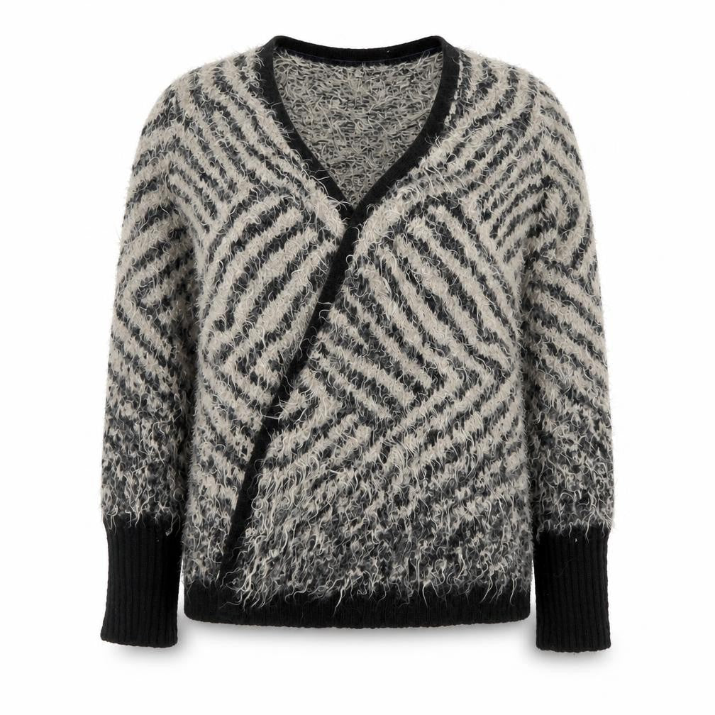 Comma Women Grey Black V-Neck Long Sleeve Chunky Knit Cardigan Size 8