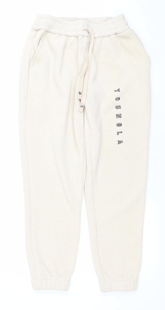 YoungLA Womens Beige Jogger Trousers Size S Elastic Waist Ribbed Cotton Blend