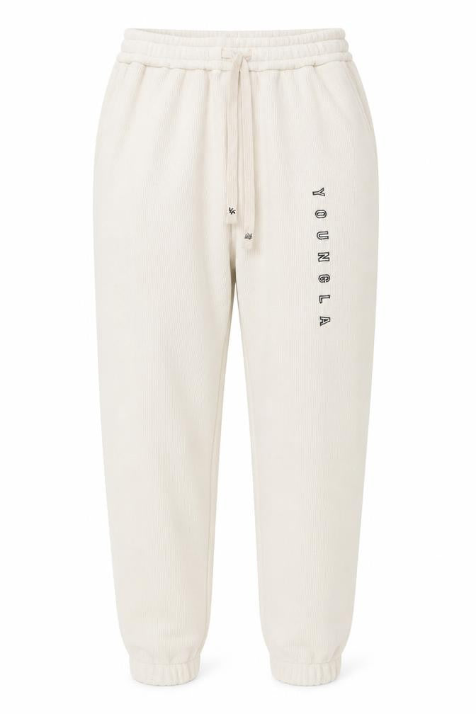 YoungLA Womens Beige Jogger Trousers Size S Elastic Waist Ribbed Cotton Blend