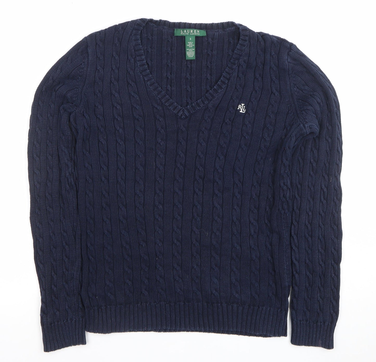 Ralph Lauren Men’s Blue Cable-Knit Cotton V-Neck Jumper Size S