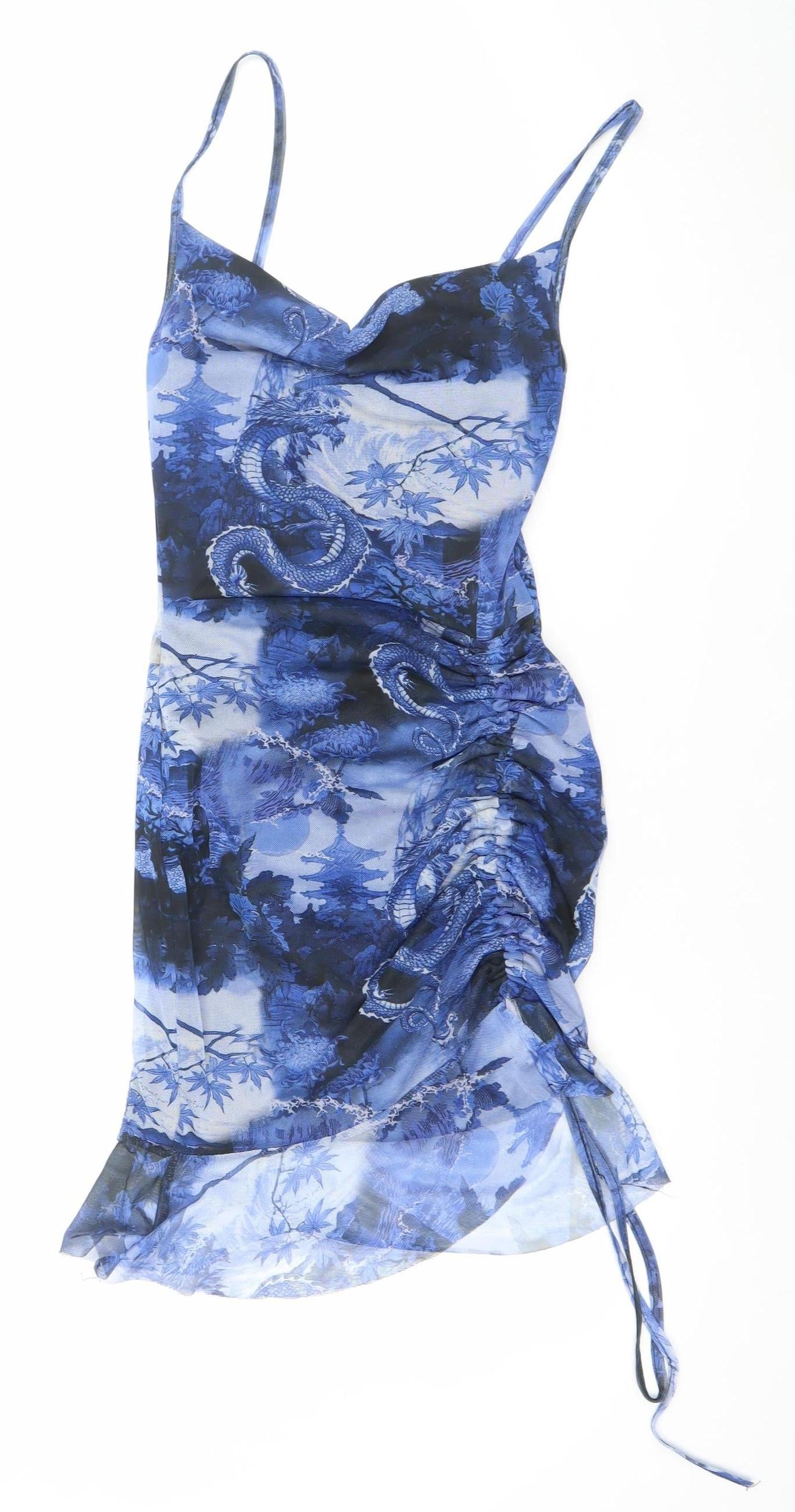 PrettyLittleThing Women’s Blue Dragon Mesh Ruched Slip Dress Size 8