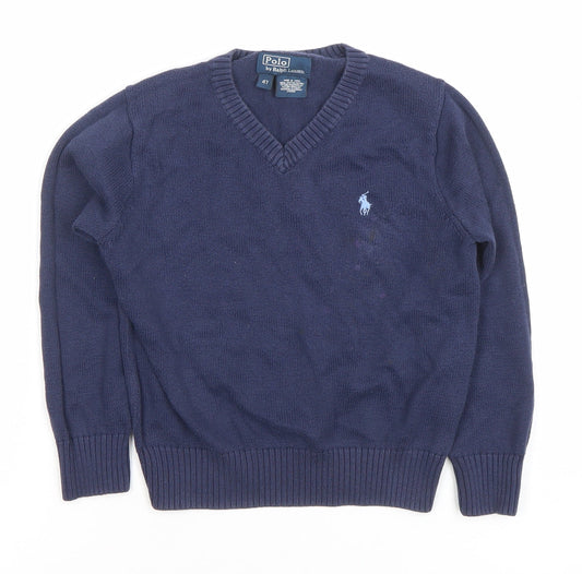 Ralph Lauren Boys Blue Cotton V-Neck Pullover Jumper Size 4 Years