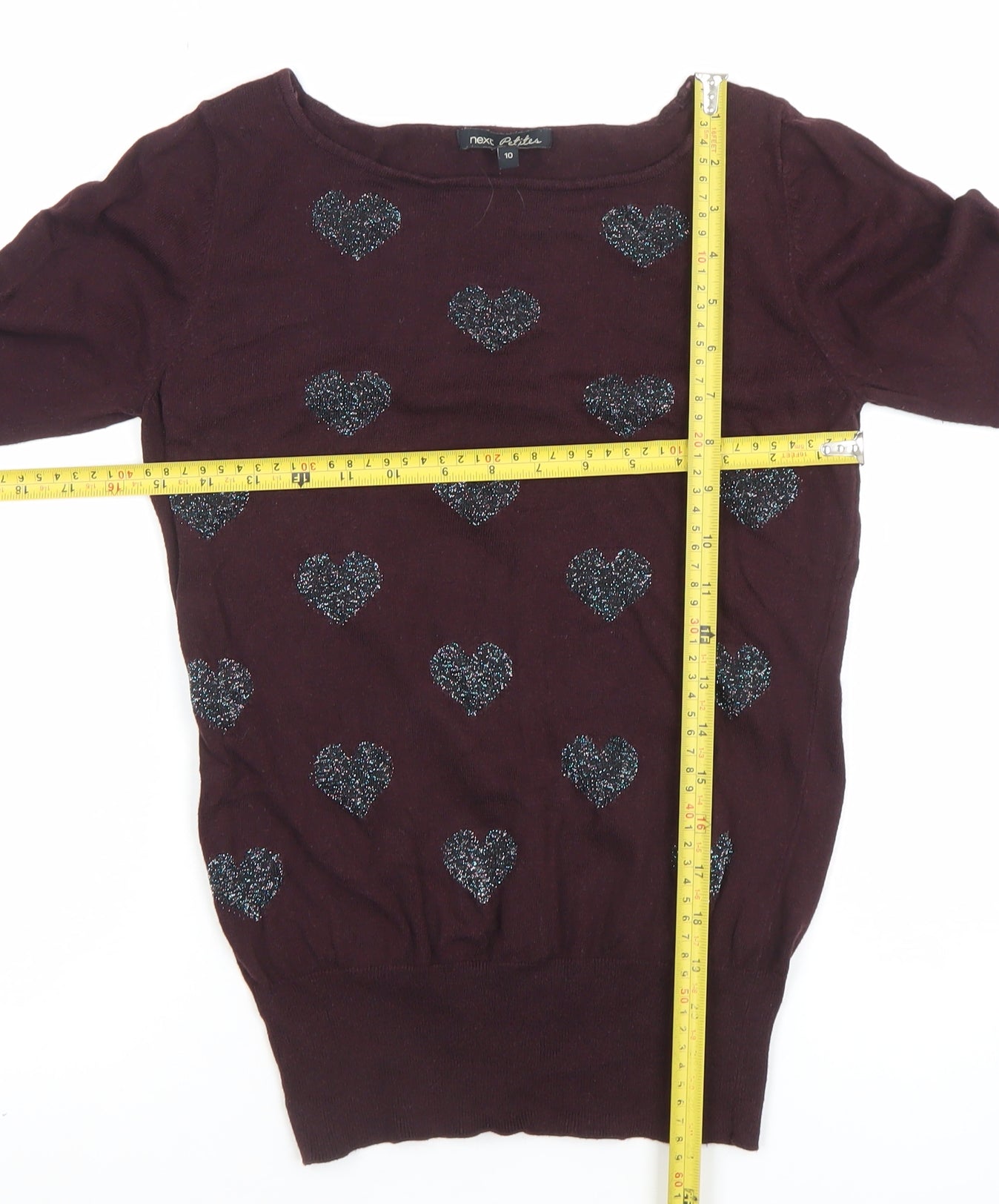 Next Women Brown Heart Knit Long Sleeve Boat Neck Blouse Size 10