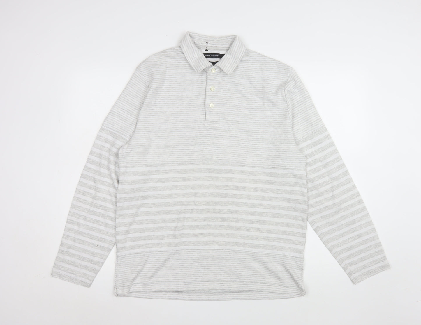 French Connection Men’s Grey Striped Long Sleeve Polo Shirt L Regular Fit