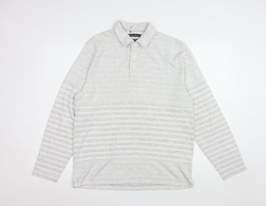 French Connection Men’s Grey Striped Long Sleeve Polo Shirt L Regular Fit