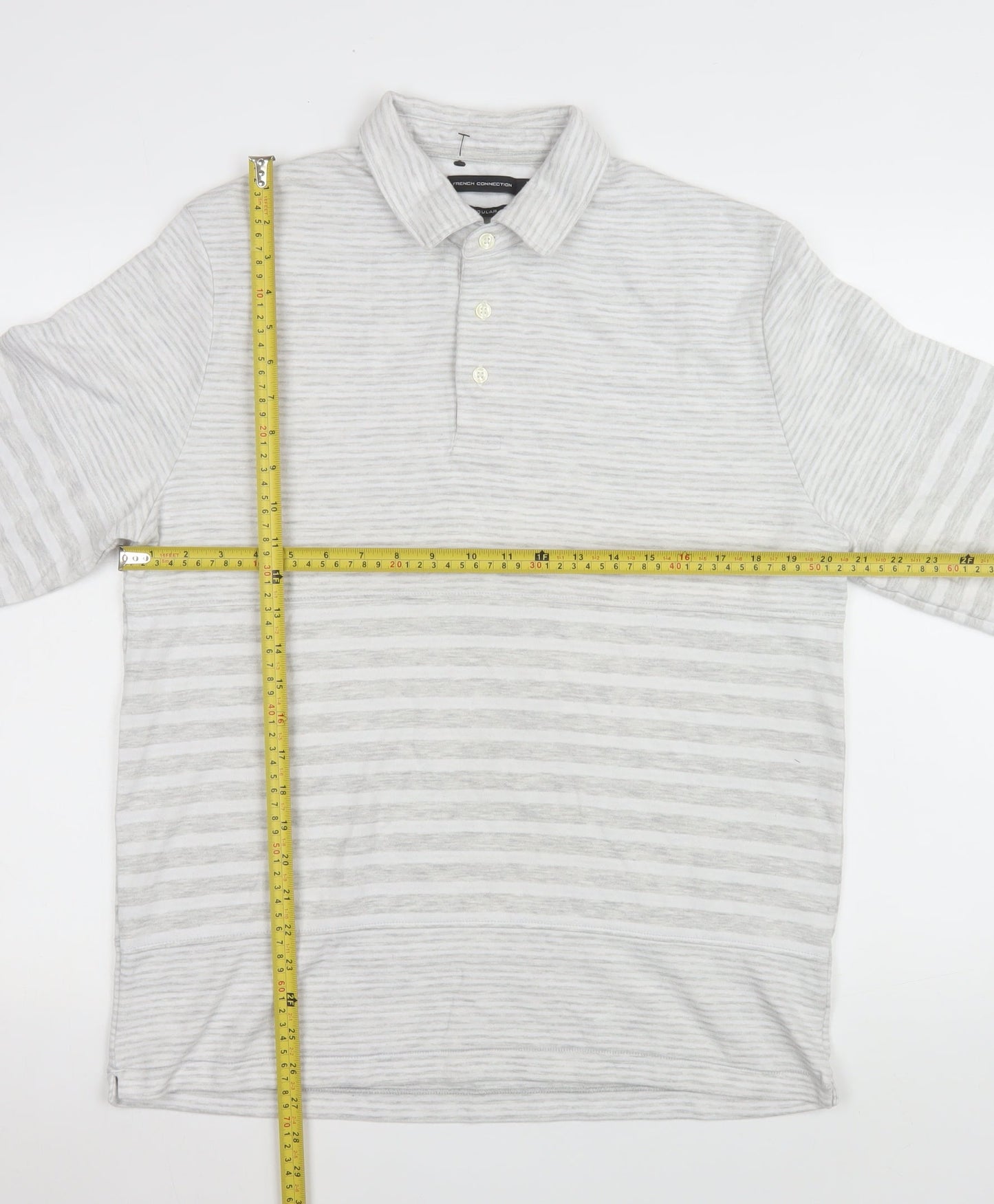 French Connection Men’s Grey Striped Long Sleeve Polo Shirt L Regular Fit