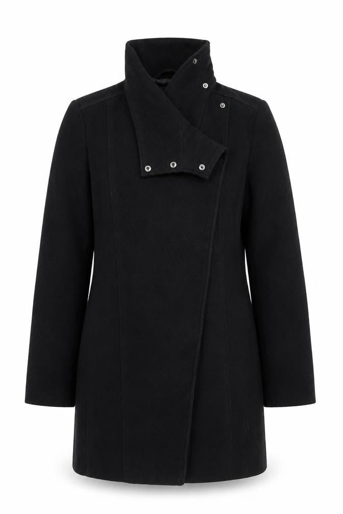Mango Women’s Black Mid-Length Coat Size 8 Wool-Blend Zip Collar