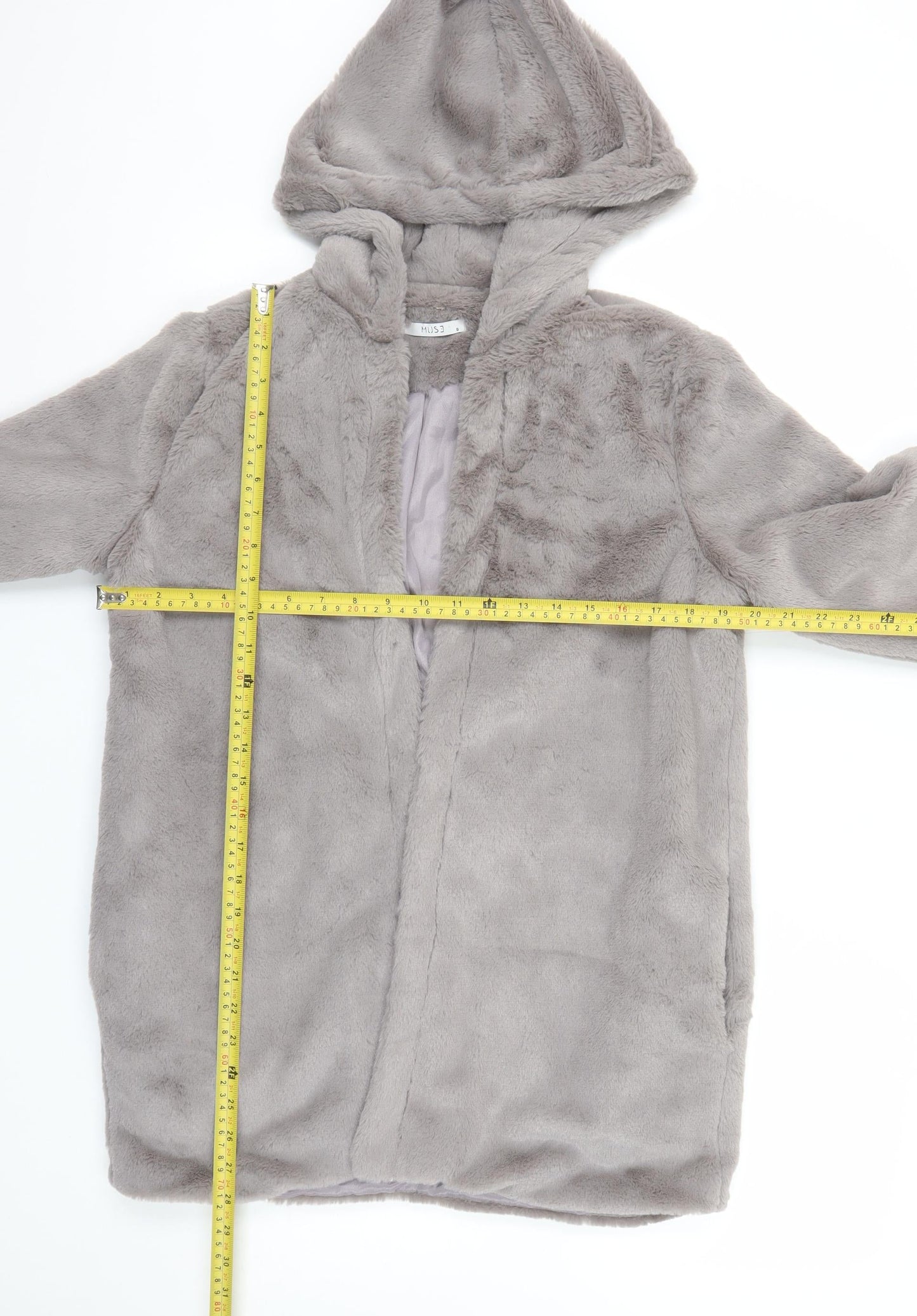 MUSE Women Grey Faux Fur Hooded Mid-Length Coat Size S