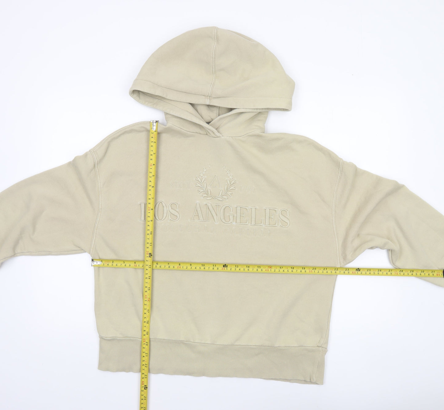 Zara Womens Beige Hooded Pullover Sweatshirt Size M Los Angeles Design
