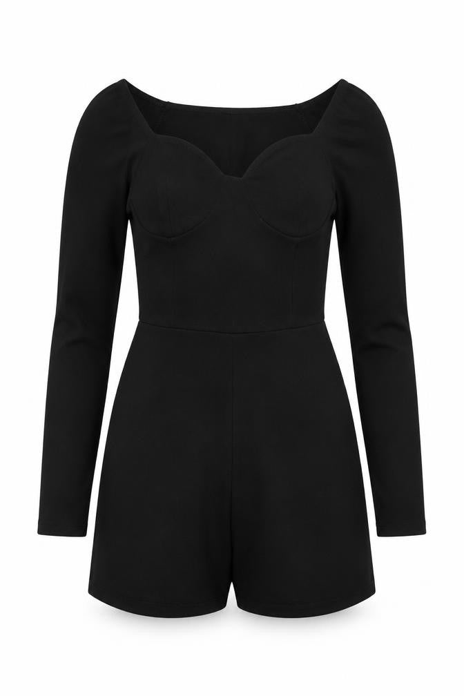 Front view of In The Style Women's Black Long Sleeve Playsuit, size 10, Polyester Blend