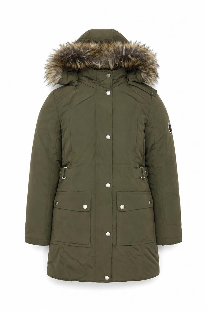 Ultex Women's Green Long Parka Coat M Faux Fur Trim Hooded Down Filled