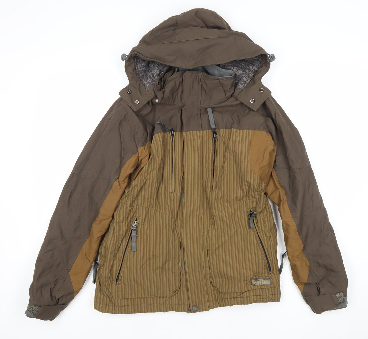 E408 Boys Brown Hooded Winter Puffer Jacket Size M with Full Zip and Pockets