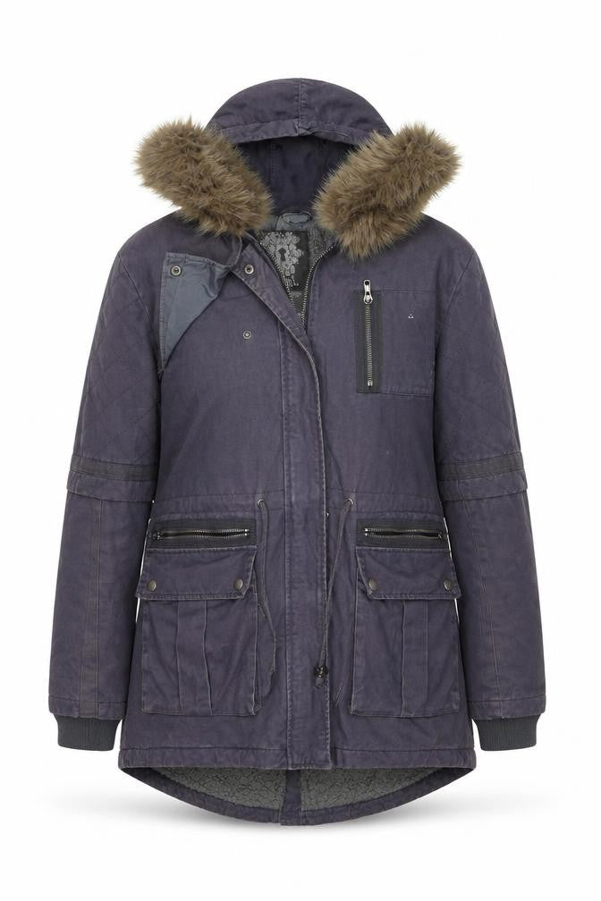 Label Lab Women’s Grey Parka Jacket Size 14 Faux Fur Hooded Mid-Length
