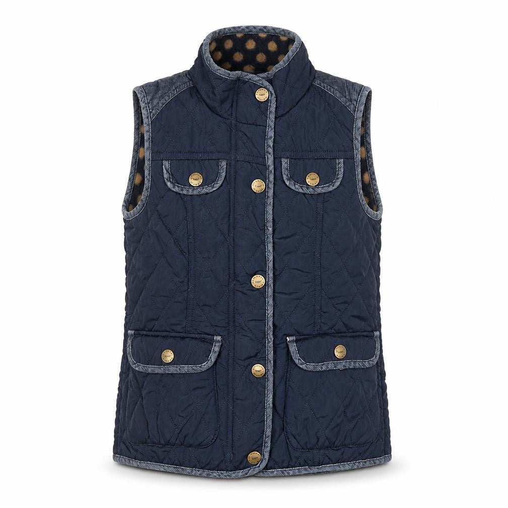 Front view of Next girls’ blue quilted waistcoat 7-8 years padded lined polka dot gilet