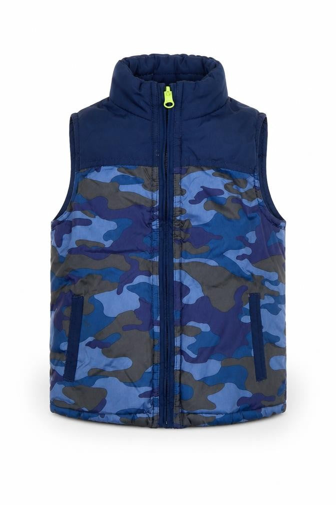 Front view of Baby Gap boys’ blue camouflage sleeveless bodywarmer 4 years