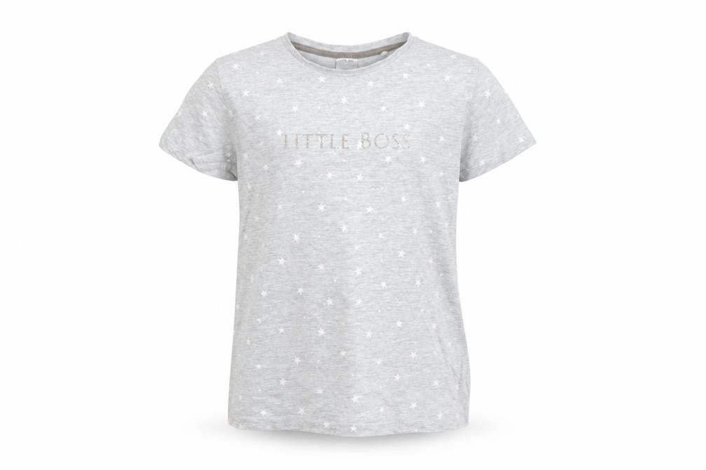 Front view of Lily & Dan girls’ grey star print little boss t-shirt 11-12 years
