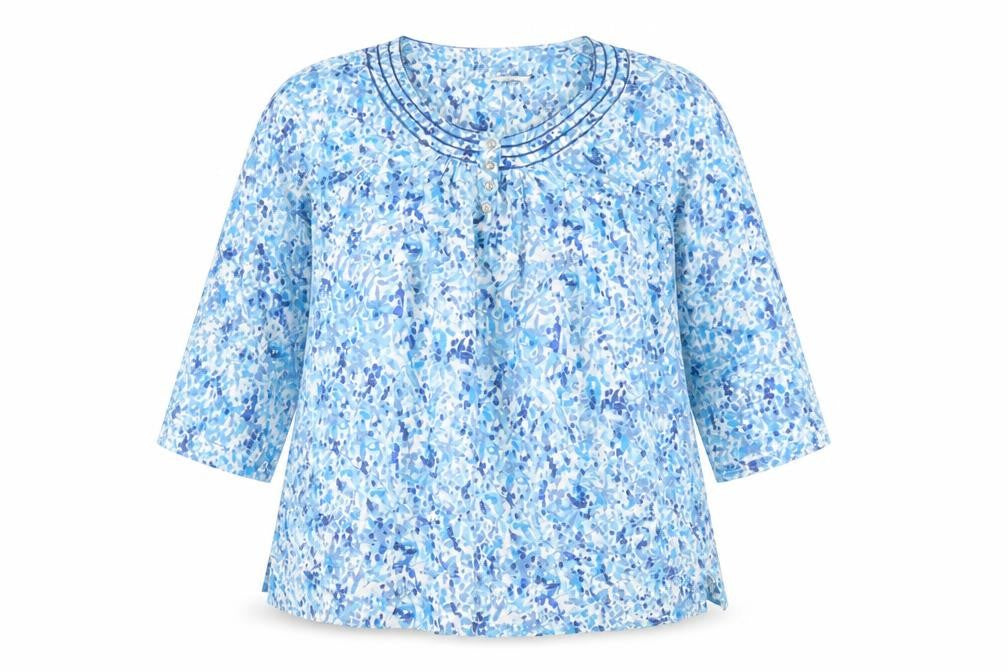 Dash Women's Blue Floral 3/4 Sleeve Cotton Tunic Blouse Size 12