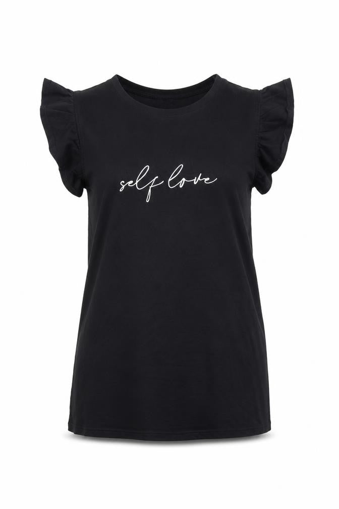 New Look Women Black Ruffle Sleeve Self Love T-Shirt Size 8