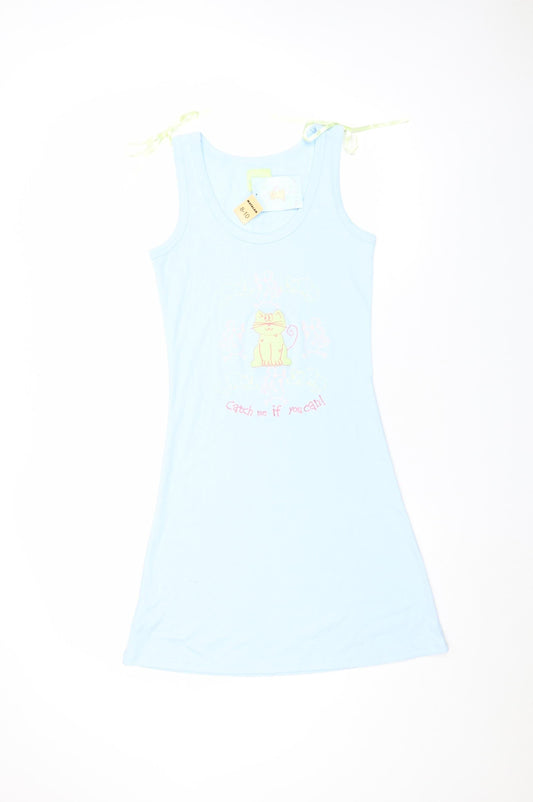 Women's Blue Cat Print Sleeveless Nightshirt Size 8-10 Lightweight Jersey