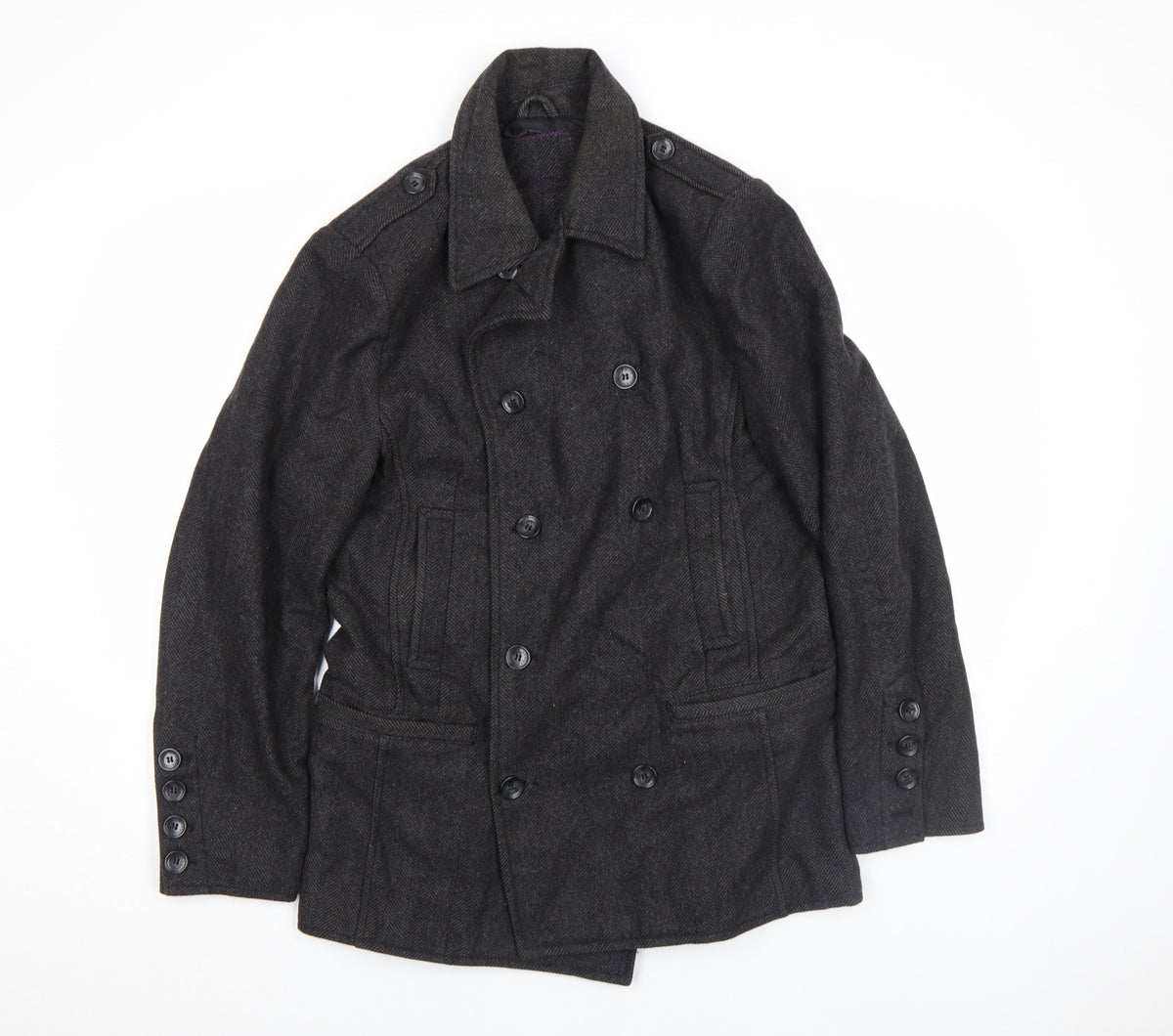 Dreamweaver London Men's Grey Wool Blend Herringbone Pea Coat M