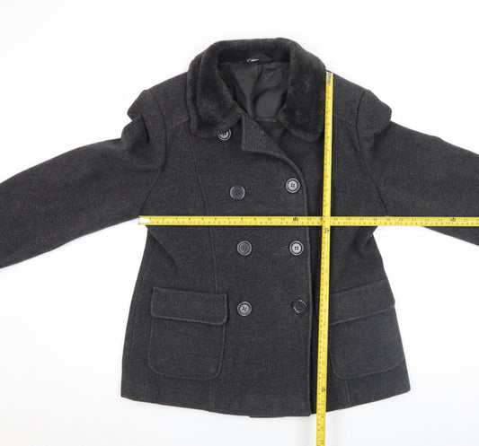 BHS Women’s Grey Wool Pea Coat Size 14 Fur Collar Classic Winter Jacket