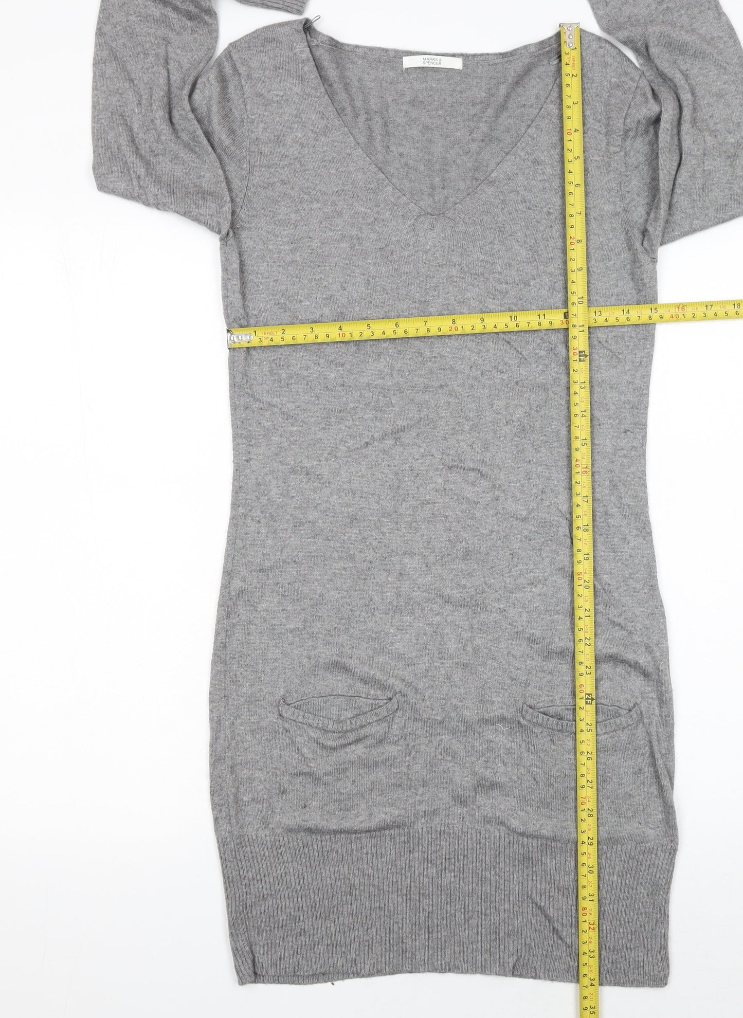Marks and Spencer Women’s Grey Knit Jumper Dress Size 10 V-Neck Long Sleeve